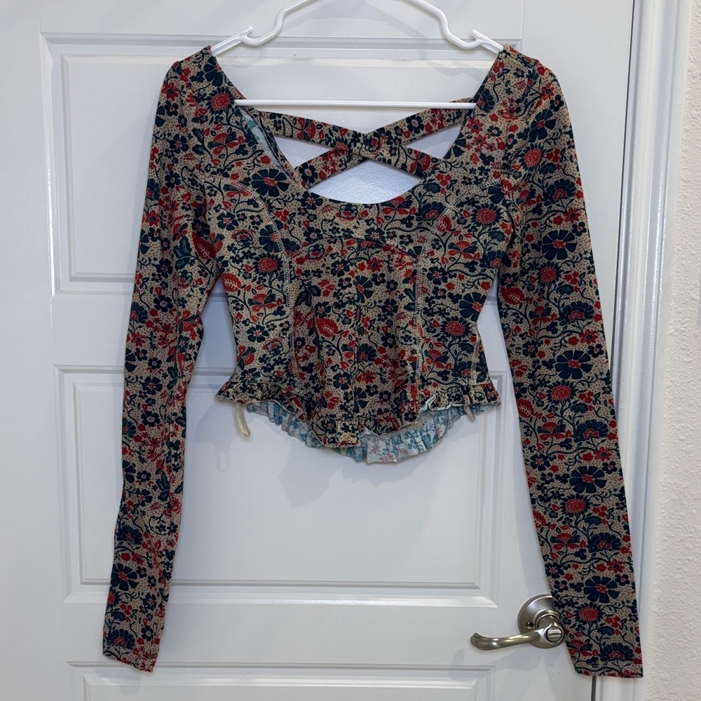 Free People Floral Long Sleeve Crop Top Criss Cross Back XS Boho Cottagecore
